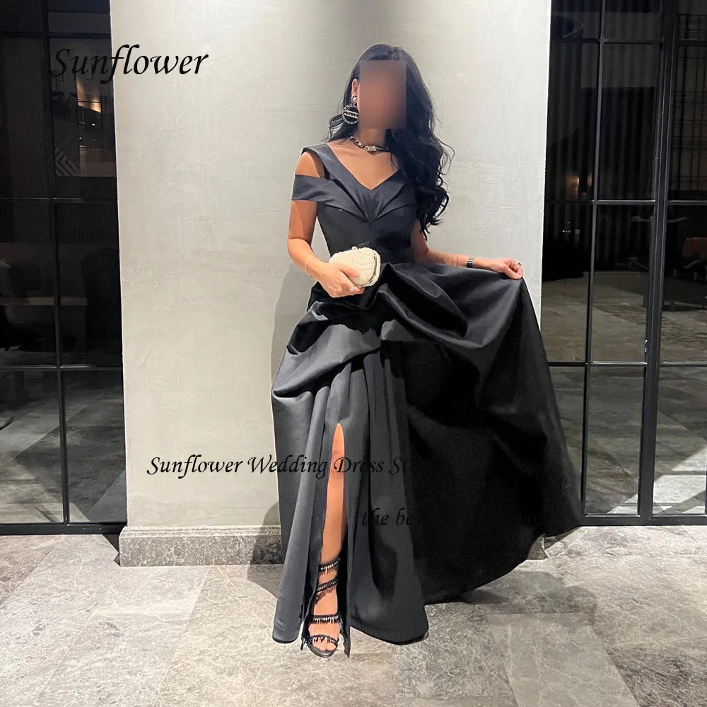 

Sunflower Black V-Neck Formal Evening Dress Dubai 2023 Slim Tiered Satin Side Split A-LINE Prom dress Floor-Length Party Dress