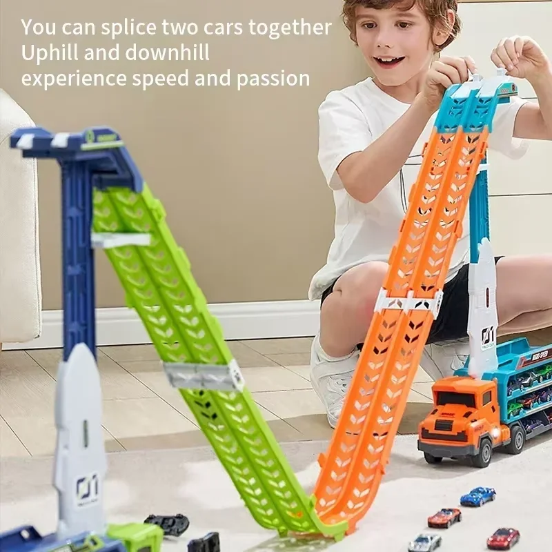 Racetrack-Auto-Untersetzer-Typ, Raketenlift-Spielzeug, verwandelnde Rennwagen-Kombination, Weihnachtsgeschenk für Weihnachten, Erntedankfest, Geburtstag