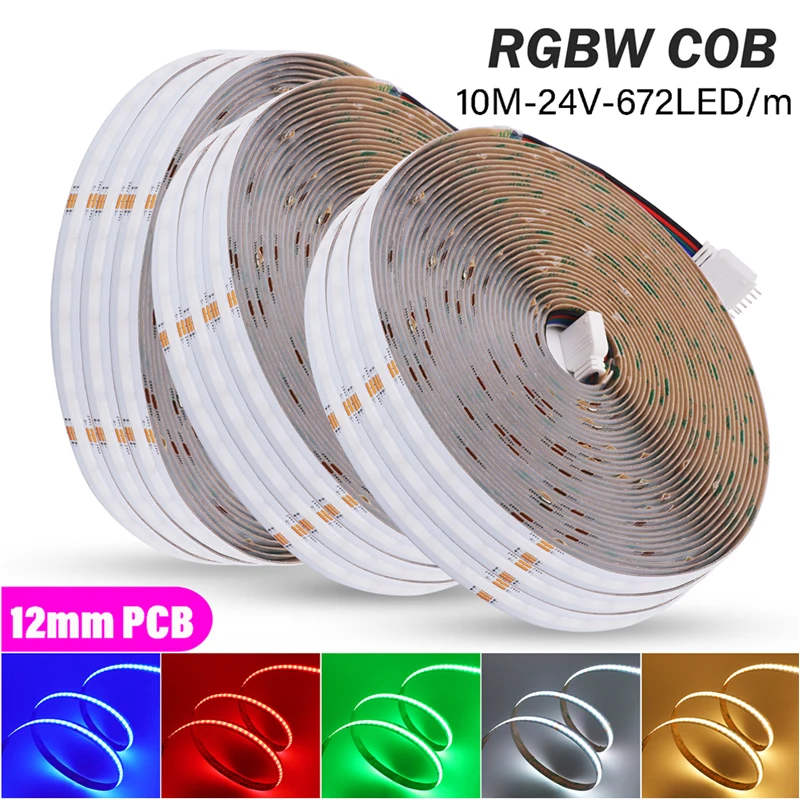 

10M COB LED Strip Light 24V 12mm Width 672Leds/M High Density Linear Lighting Flex Tape RGBW/RGBWW LED Ribbon Strip Room Decor