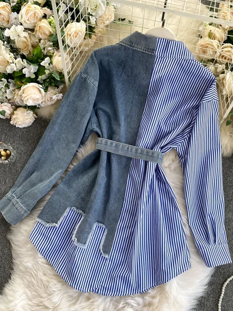 Spring Autumn Women\'s Denim Shirt Color Contrast Patchwork Lace Up Blouse Shows Thin Versatile Top Fashion GD596