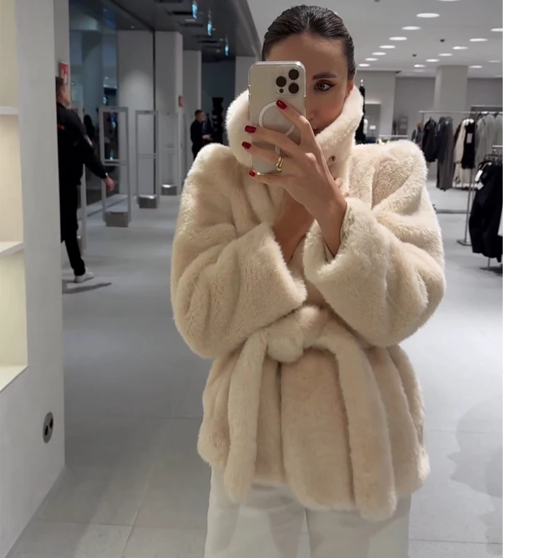 MUJER-abrigo de peluche de piel sintética para mujer, chaqueta de felpa esponjosa con cinturón, abrigo peludo cálido para invierno, prendas de vestir exteriores de manga larga para mujer, abrigos para mujer