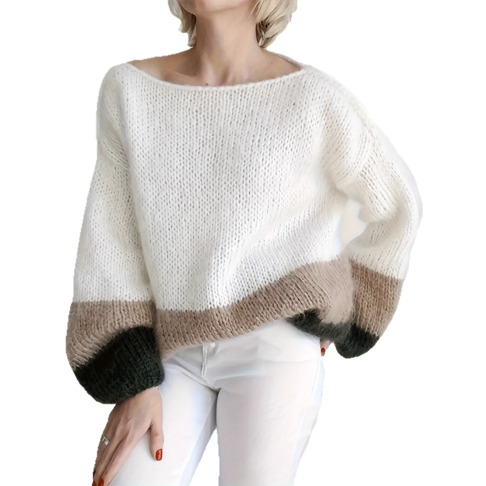 Soft sweater contrasting color age-reducing round neck fluffy knitted lazy style temperament jumper