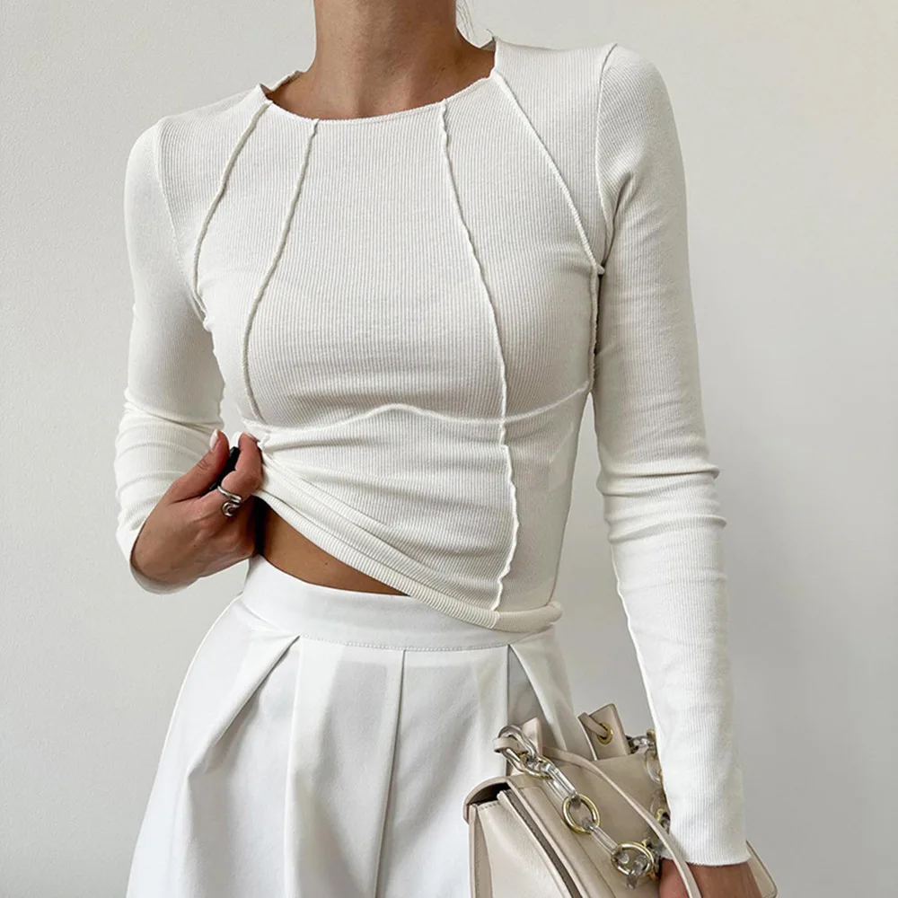 2025 Lady shirt Fall Winter Women's Slim Fit Casual Round Neck Basic Pullover Chest Shape Stitching Long Sleeve Sports Shirt