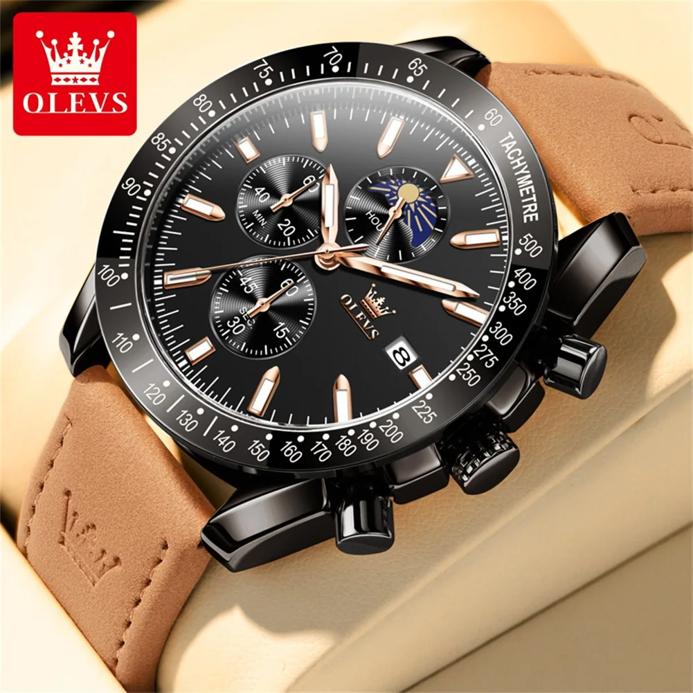 OLEVS-Montre-bracelet chronographe étanche avec bracelet en cuir pour homme, montre à quartz Shoous, montres originales, tendance de la mode, 9980