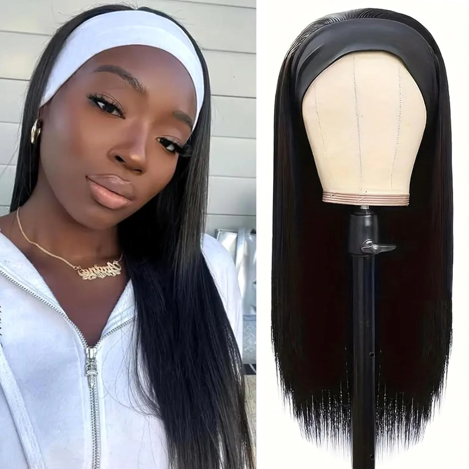 

Bone Straight Headband Wigs For Women 180 Density Straight Human Hair Wigs Pre Plucked None Lace Front Wig Beginner Friendly