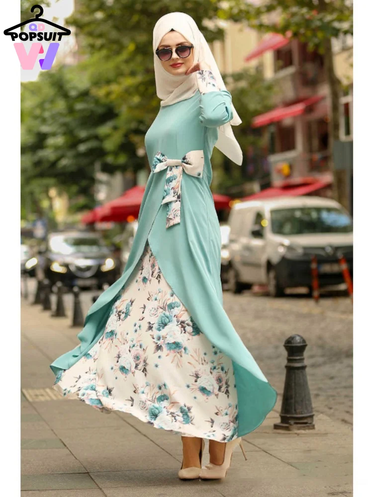 

New Summer Women Muslim Abaya Ethnic Style Patchwork O-neck High Waist Bow-knot Caftan Long-sleeved Lining Waving Hemline Dress