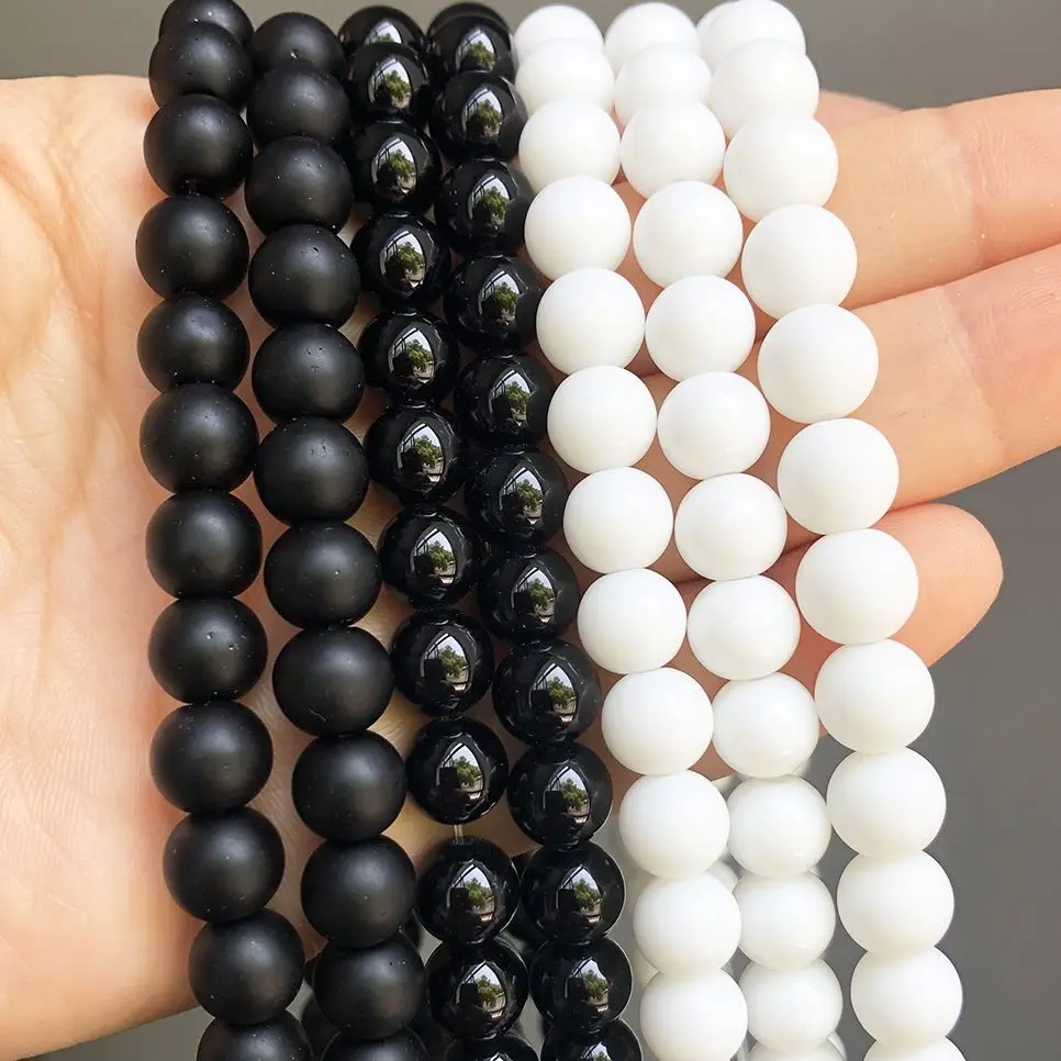 Naturalny kamień Biały Czarny Matowy Polski Matowy Agaty Onyks Gładkie Okrągłe Koraliki Do Biżuterii Bransoletka DIY 15'' 4 6 8 10 12mm