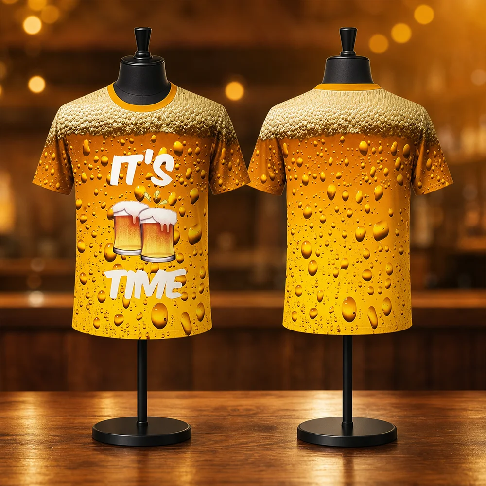 Unisex Beer Themed 3D Print T-Shirt Casual Short Sleeve Breathable Comfortable Crew Neck Parent-Child Top for Daily Party Wear