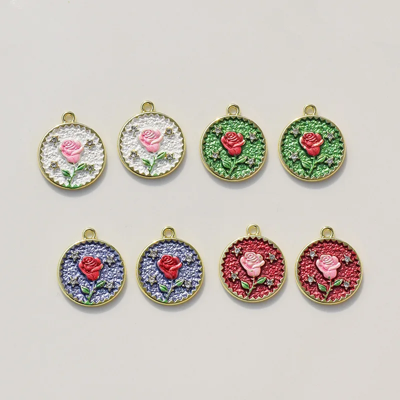 5Pcs Enamel Retro Round Monet Garden Rose Medal Flowers Charms for DIY Earrings Necklace Jewelry Making Pendant Supplies