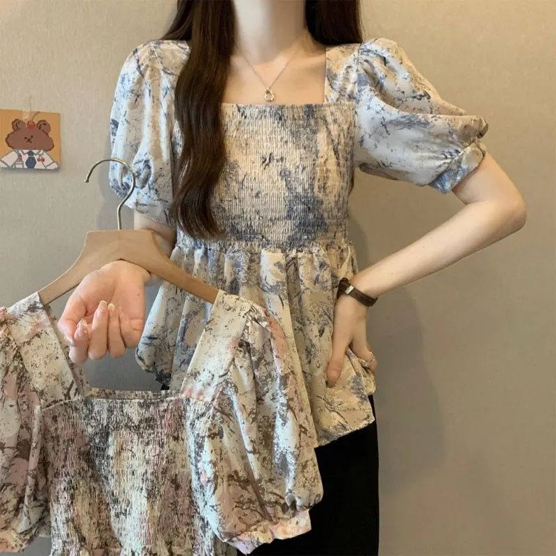 French Style Square Collar Blouse Female Clothing Sweet Broken Flowers 2024 Summer Slim Fashion Folds Casual Short Sleeve Shirt