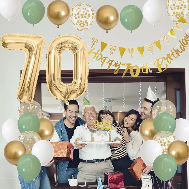 Salbeigrün, Gold, Weiß, 70. Geburtstag, Dekorationen für Geburtstag, Luftballons, alles Gute zum 70. Geburtstag, Banner, Kuchendekoration, 70-jähriges Dekor – Detail 5