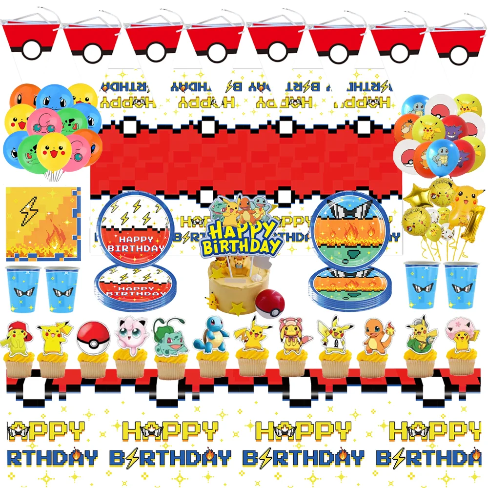 

Pokemon Birthday Party Decor Disposable Tableware Poké Tablecloth Plate Cup Pikachu Balloons Baby Shower Kids Party Toy Supplies