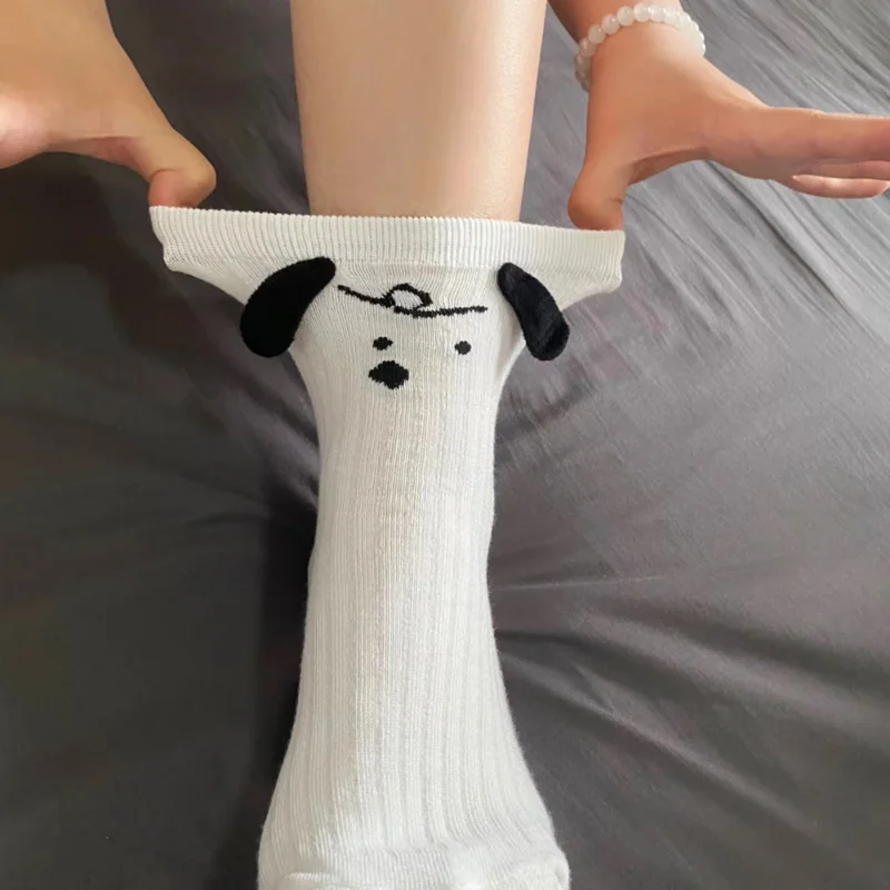 Happy Funny 3d Doll Eared Knitted Puppy Dog White Socks Women Cute Streetwear Novelty Gift White Cartoon Eyes Couples Sox Socks