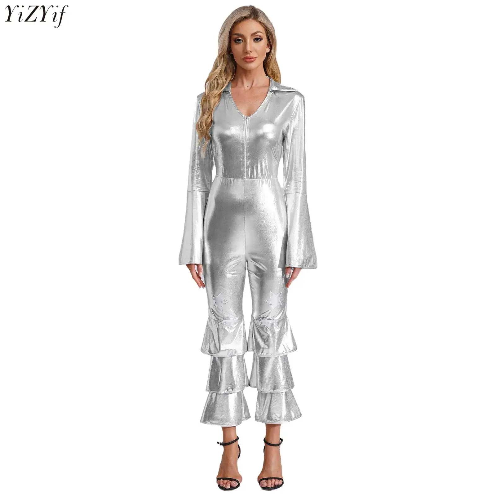 

Womens 70s 80s Disco Dance Outfit Sparkle Metallic Party Bodysuit One Piece Long Sleeve Flared Jumpsuit Carnival Cosplay Costume