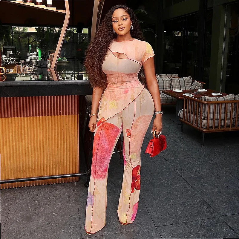 Casual Two Piece Set Short Sleeve Top with Asymmetric Hem High Waist Pants Jumpsuit Playsuit Matching Set Spring Summer