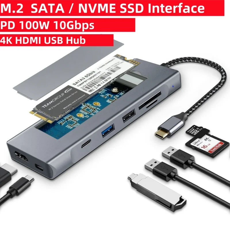 

USB-разветвитель M.2 SATA / NVME SSD 4K HDMI, совместимый с USB 3,0