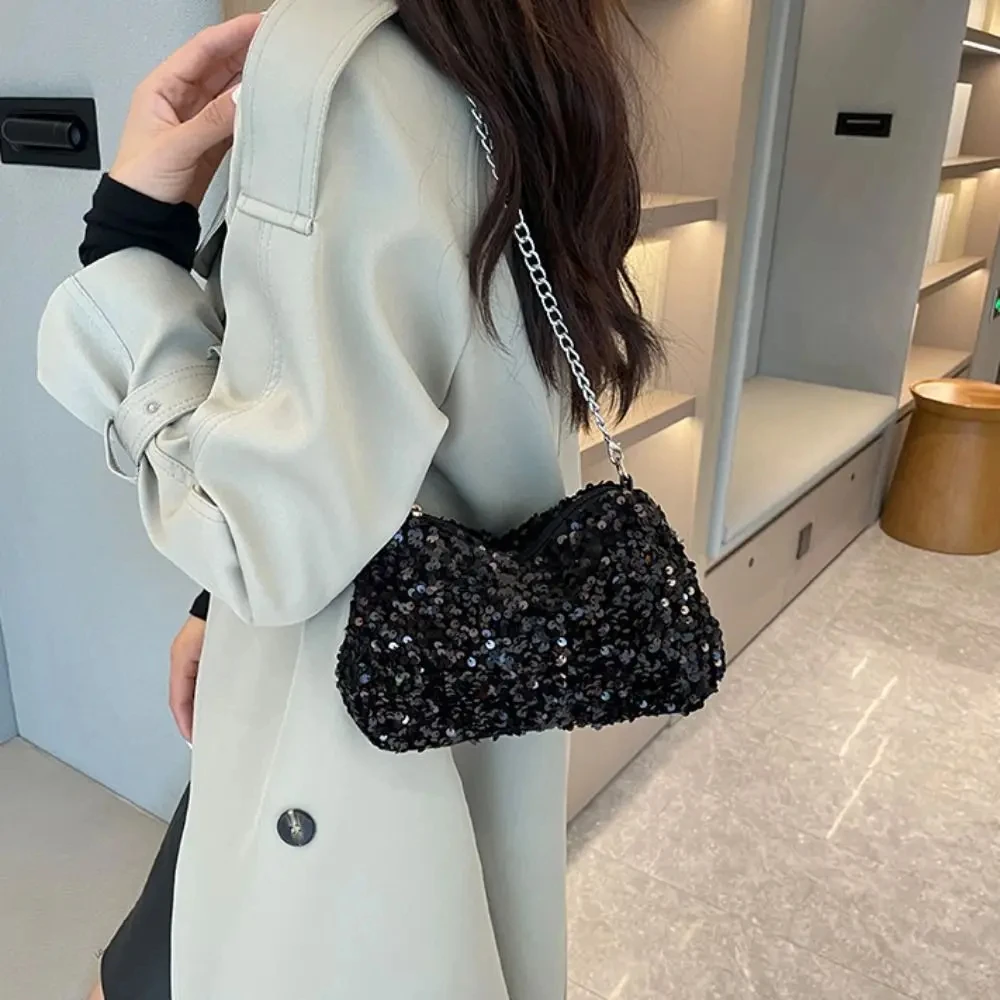 Sequins Crossbody Chain Bag Simple INS Solid Color Sequins Shoulder Bag Underarm Bag Phone Purse Evening Clutch Girl Bag