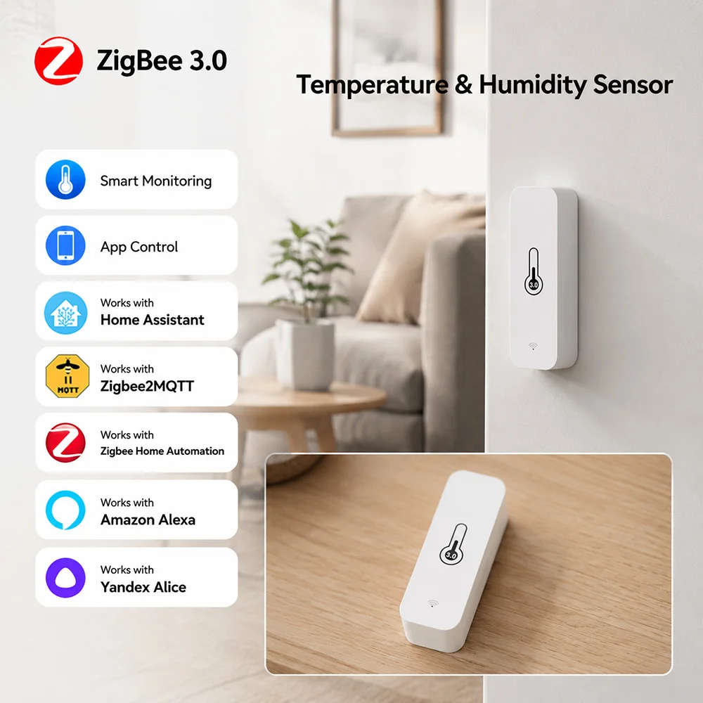 Zigbee 3.0 Smart Temperature & Humidity Sensor Indoor Thermometer Hygrometer Monitor Works with Home Assistant Z2MQTT Yandex ZHA