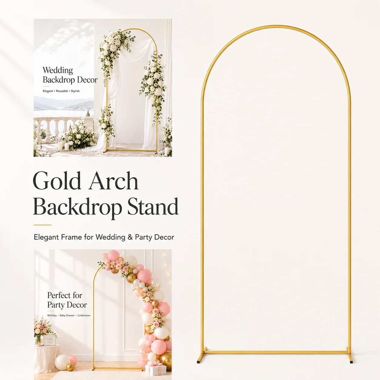 Arche de toile de fond en métal doré de 6/6,6/7,2 pieds, support pour ballons et fleurs, idéal pour la décoration de mariages, anniversaires, baby showers et cérémonies de remise des diplômes