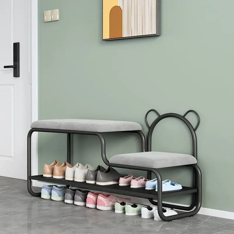 Nordic Metal Shoe Rack Household Living Room Door Double-Layer Shoe Cabinet 2-In-1 Shoe Stool Sofa Stool Shoe Organizer