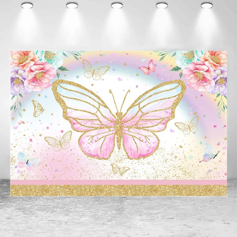 Mocsicka Golden Butterfly Backdrop Girl Princess Birthday Party Photo Background Decoration Floral Rainbow Props for Photography