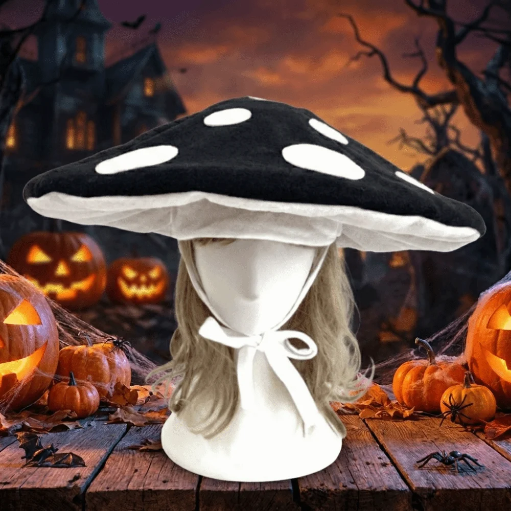 Picture 4: Cute Oversized Mushroom Hat Polka Dot Drawstring Cap Costume Headpiece Polyester Soft Velvet Fungus Beret Cap Girls