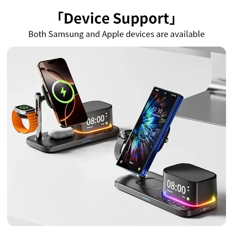 Bedside 4 in 1 Wireless Charger Stand With Bluetooth Speaker Clock RGB Light For iPhone 17 16 15 14 Pro Max Apple Watch AirPods