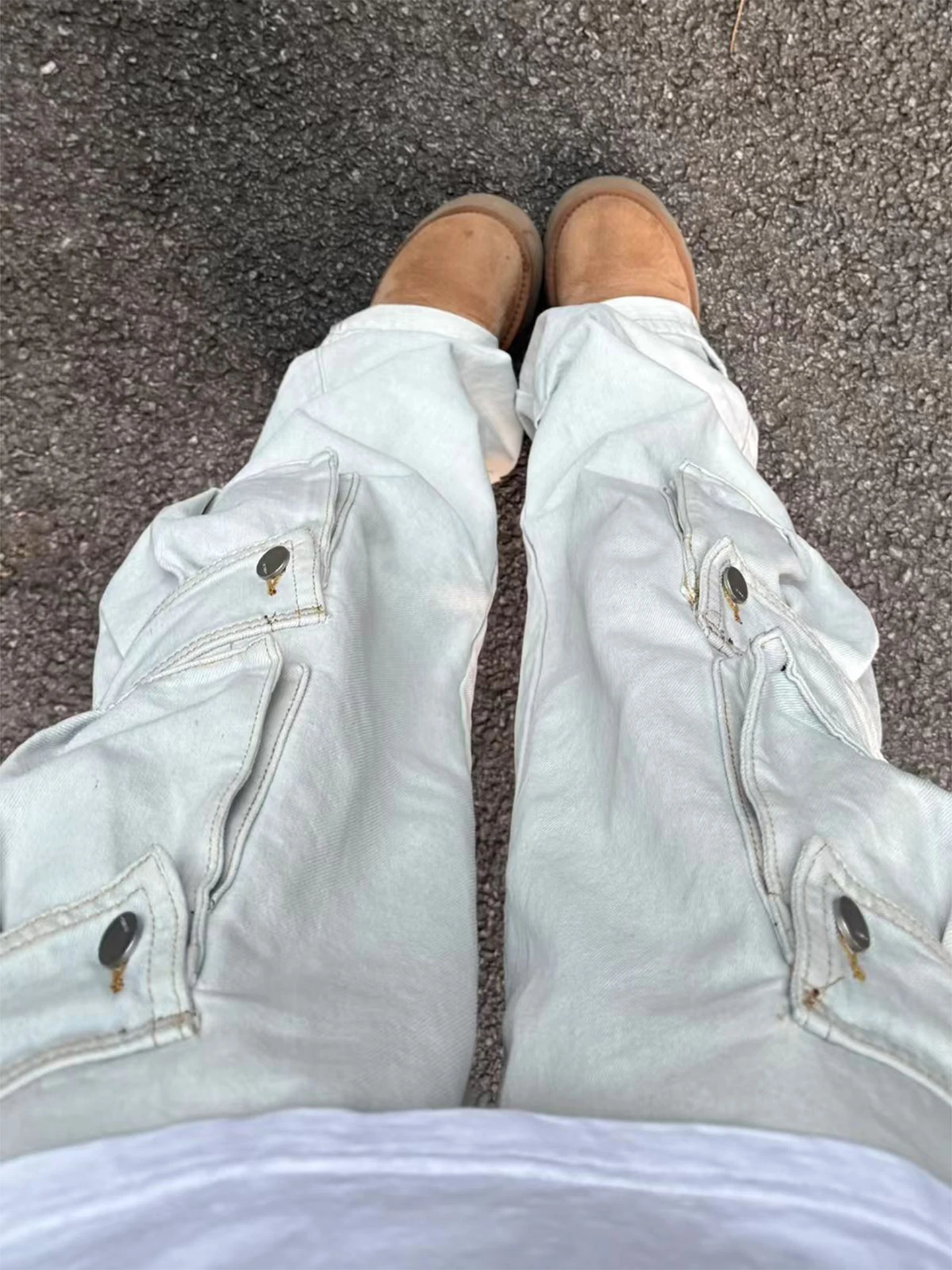 

Light Blue Men's Wide Leg Workwear Pants Multiple kets Spring Autumn American Hiphop Street Design Denim Jeans Casual Loos...