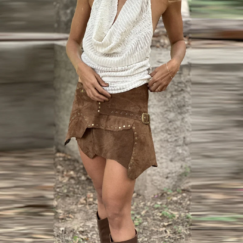 High Street Lrregular lotus Leaf Hem Suede Miniskirt A-line Metal Button Decoration skirt 2025 Lady Autumn Winter Y2k Clothing