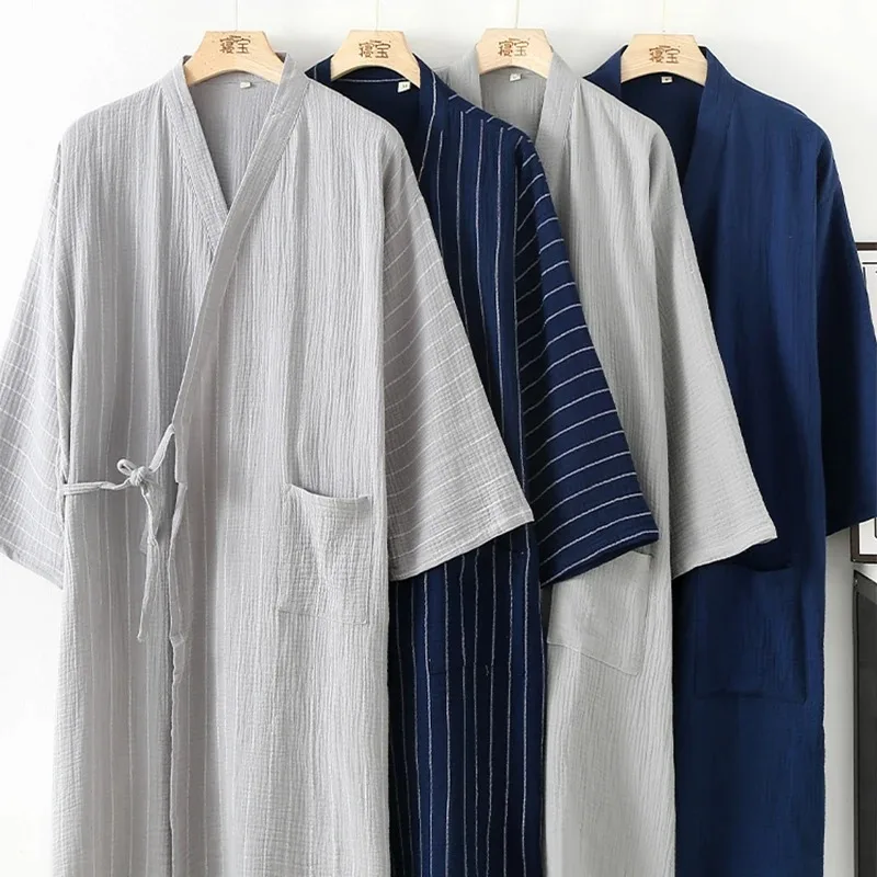 Japanese Traditional Samurai Kimono Pure Cotton Night-Robe Men Yukata Bathing Robe Loose Style Sauna Wear Homewear  Long Gown
