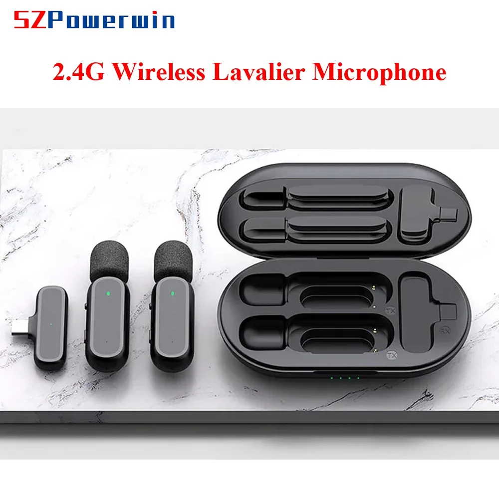 Powerwin 2.4G Wireless Lavalier Microphone For iPhone Android With Charging Box AR Noise Reduction Video Record Live Stream