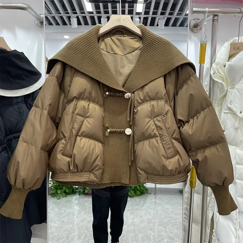 Lagabogy 2024 New Women Winter Short Knitted Splicing Lapel Puffer Jackets Loose Casual Warm Outwear Female White Duck Down Coat