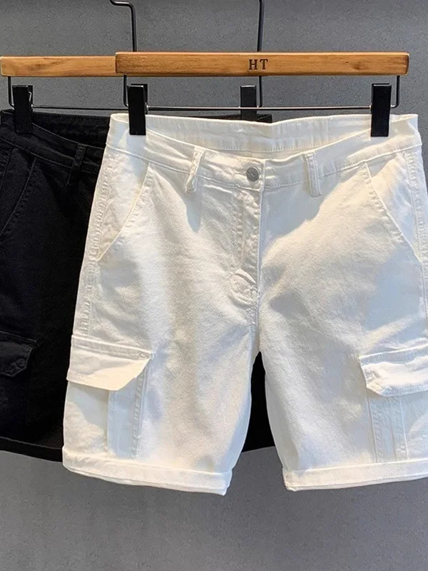 White Casual Loose Fit Summer Thin Cotton Men's Denim orts Straight Leg Five-Quarter Length Breathable Comfortable Jeans