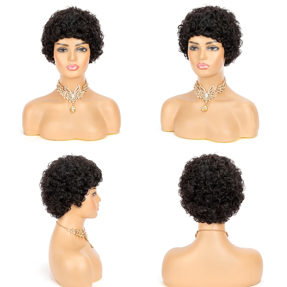 Curly Short Pixie Cut Wigs Human Hair 180% Density Water Wave Remy Malaysian Hair Wig Glueless Machine Made Wigs for Black Women