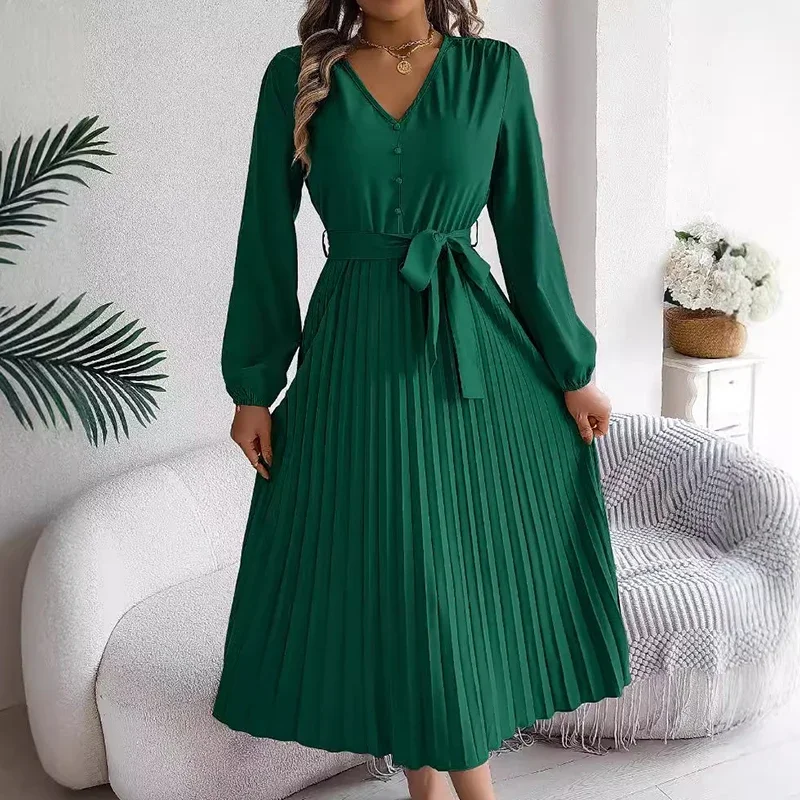 Women's Long Dresses Autumn Elegant Pleated Long Sleeveed Lace Up Dresses Beach Boho Wrap Ruffle Hem Big Swing Long Sundress