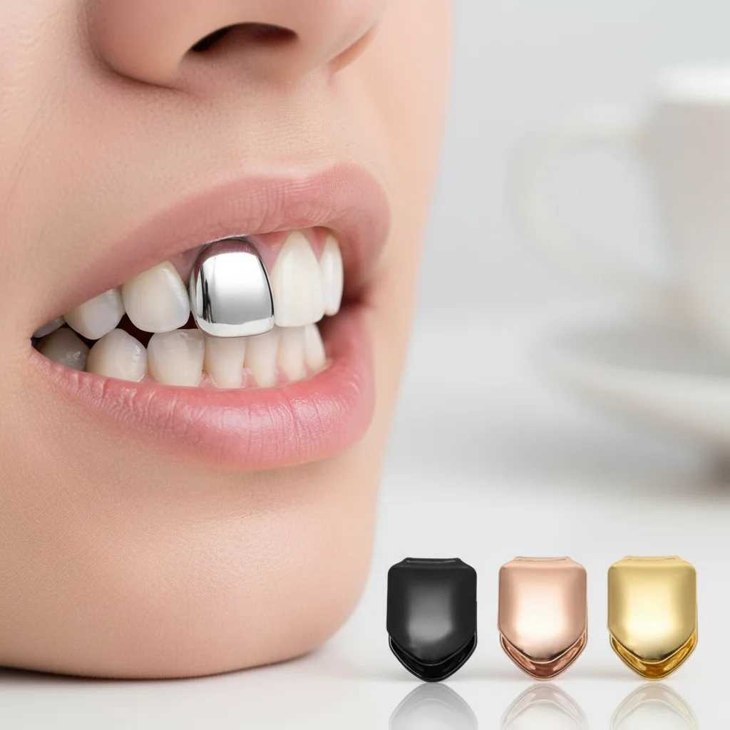 1 Pcs Hip Hop Rapper Single Shackle Teeth Top Bottom Dental Personality Teeth Mold Kit Metal Trendy Gold Teeth Set Tooth Jewelry
