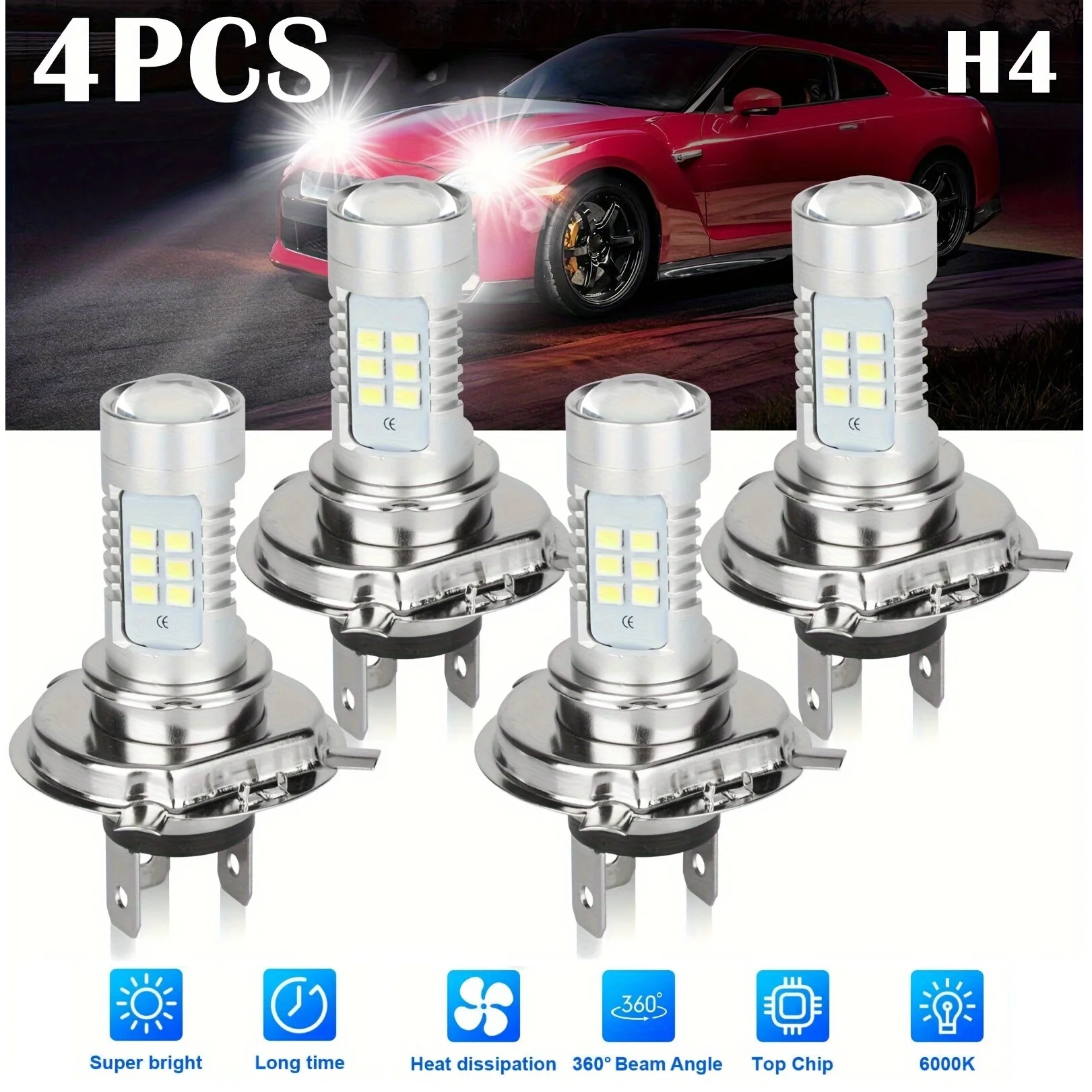 4pcs H4/9003 21SMD LED Car Headlights with High/Low Beam, 6000K White Light, Aluminum Body, Plug and Play, No Batteries Required