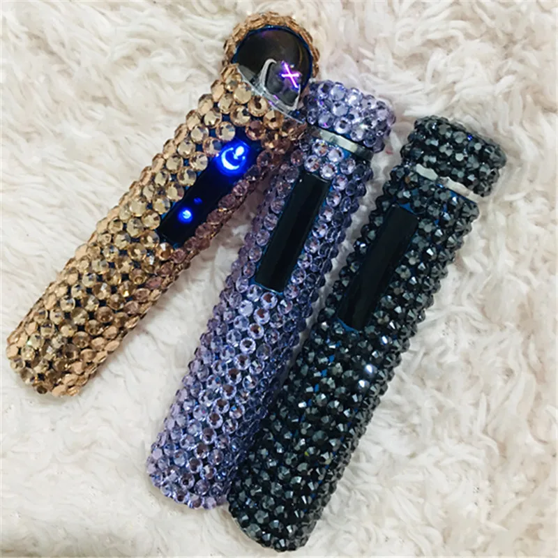 Rhinestone Touch Screen USB Lighter Diamond Luxury Rechargeable Cigarette Lighter Windproof Portable Silent High-end Ladies Gift