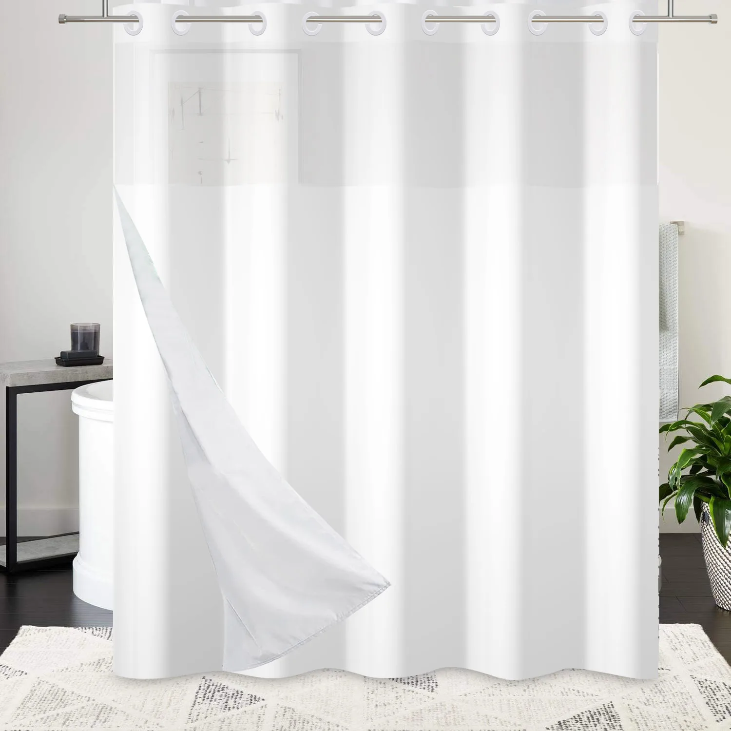 No Hook White Shower Curtain Hotel Grade Fabric with Snap in Liner for Bathroom with See Through Top Window Washable Curtain