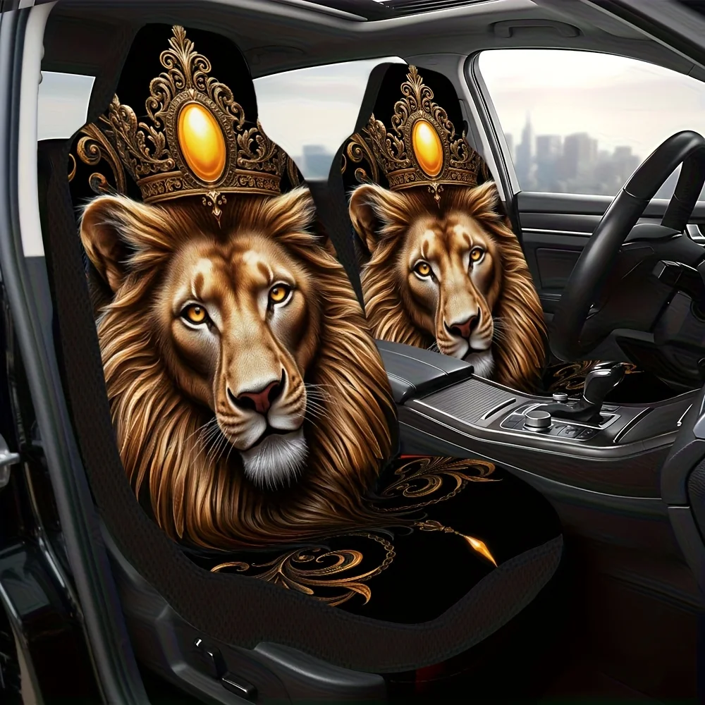 2pcs Golden Lion Crowned Animal Portrait Front Seat Covers - Elegant Lion Design With Golden Crown, Fit For Cars, SUVs, Trucks -