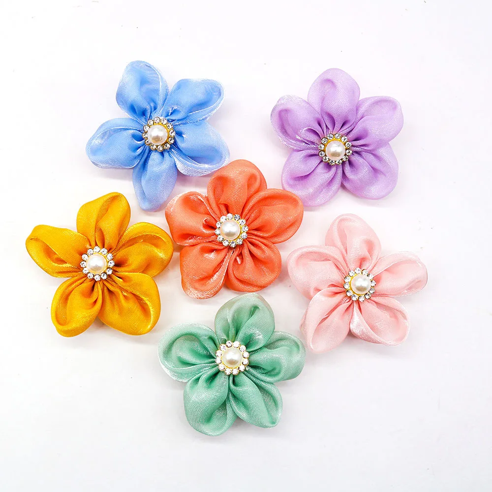 10PCS Flower Pet Dog Cat Bows with Pearl Diomand Movable Puppy Collar Gifts for Small Dog Grooming Accessories Supplies