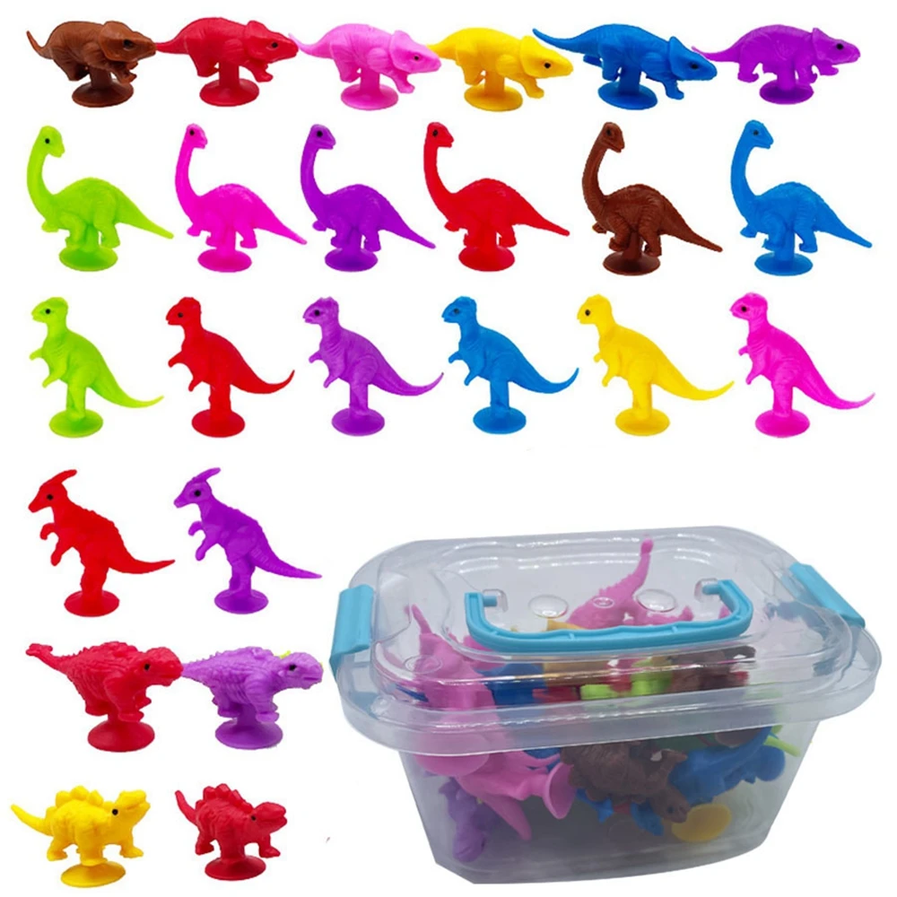 Brinquedos bonitos do dinossauro com caixa de armazenamento, ventosa, brinquedos de ansiedade, animais, alívio do estresse, favores do partido, 24pcs