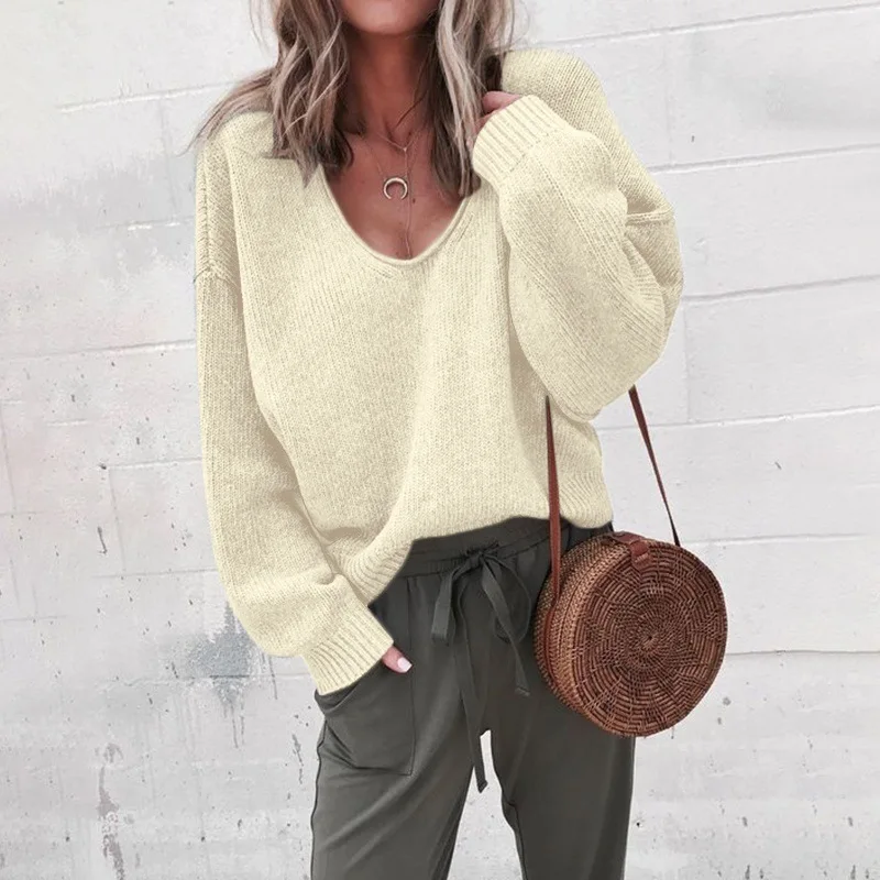

Fashionable V-Neck Long Sleeve Sweater Casual Knitted Women's Top Autumn Winter Comfortable Loose Fit Color Crew Neck