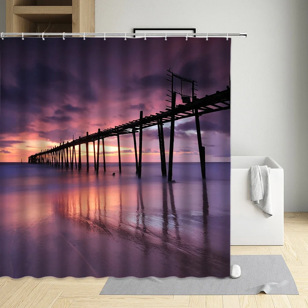 Summer Beach Shower Curtain Sailing Boat Dusk Scenery Bathroom Curtains Waterproof Polyester Fabric with Hooks Bathtub Screen