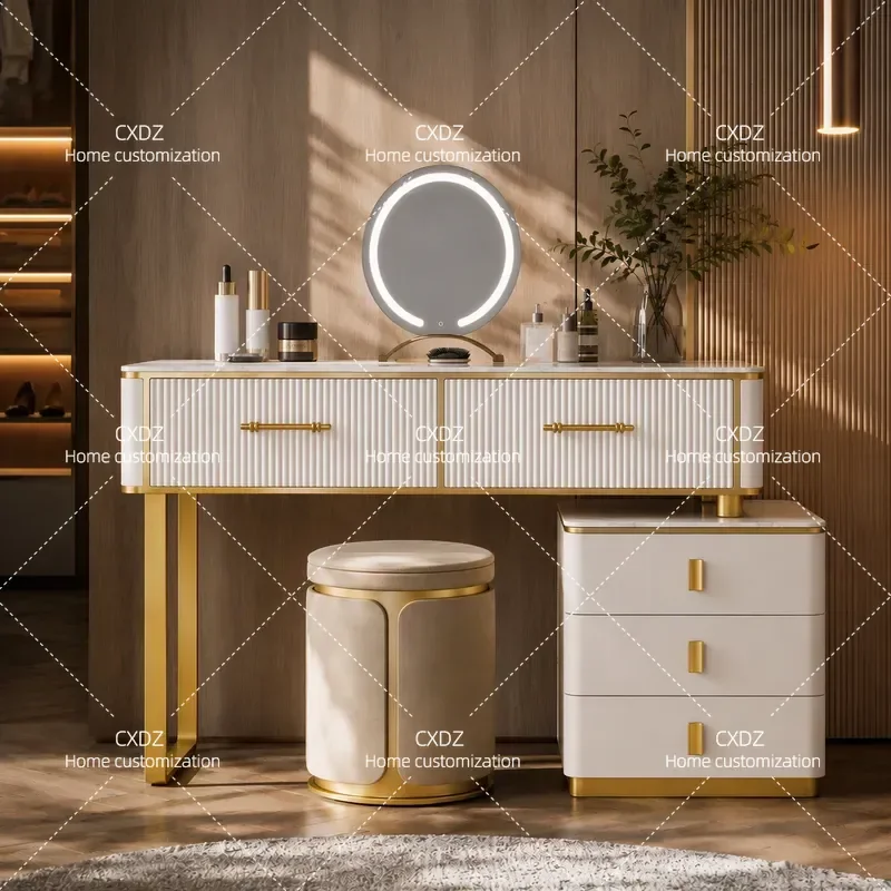 Italian light luxury rock slab dresser combination small apartment bedroom household makeup table with mirror and stool three