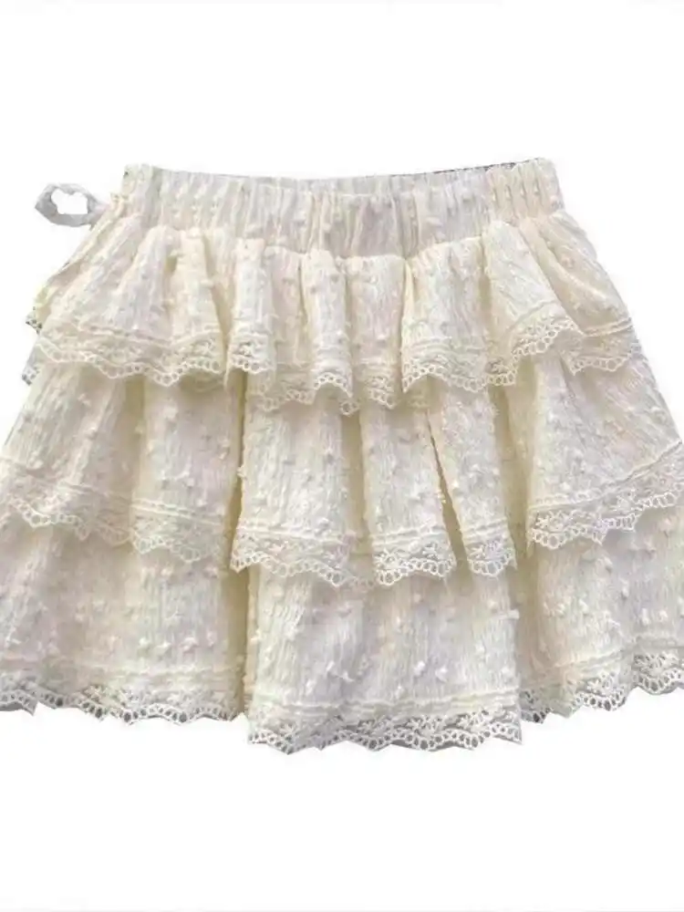 กระโปรงทรงเอไลน์สั้นแต่งผ้าลูกไม้สีแอพริคอตประดับโบว์สไตล์วินเทจ Y2k Gyaru สไตล์ฮาราจูกุ  สำหรับผู้หญิง  คอลเลคชั่น Cutecore  ฤดูร้อน  ปี 2000