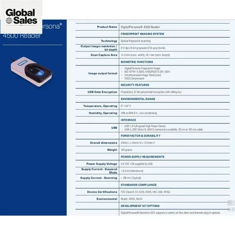 Uru4500 USB Fingerprint Reader Biometric Scanner for Staff Attendance and Secure Fingerprint Identification Device