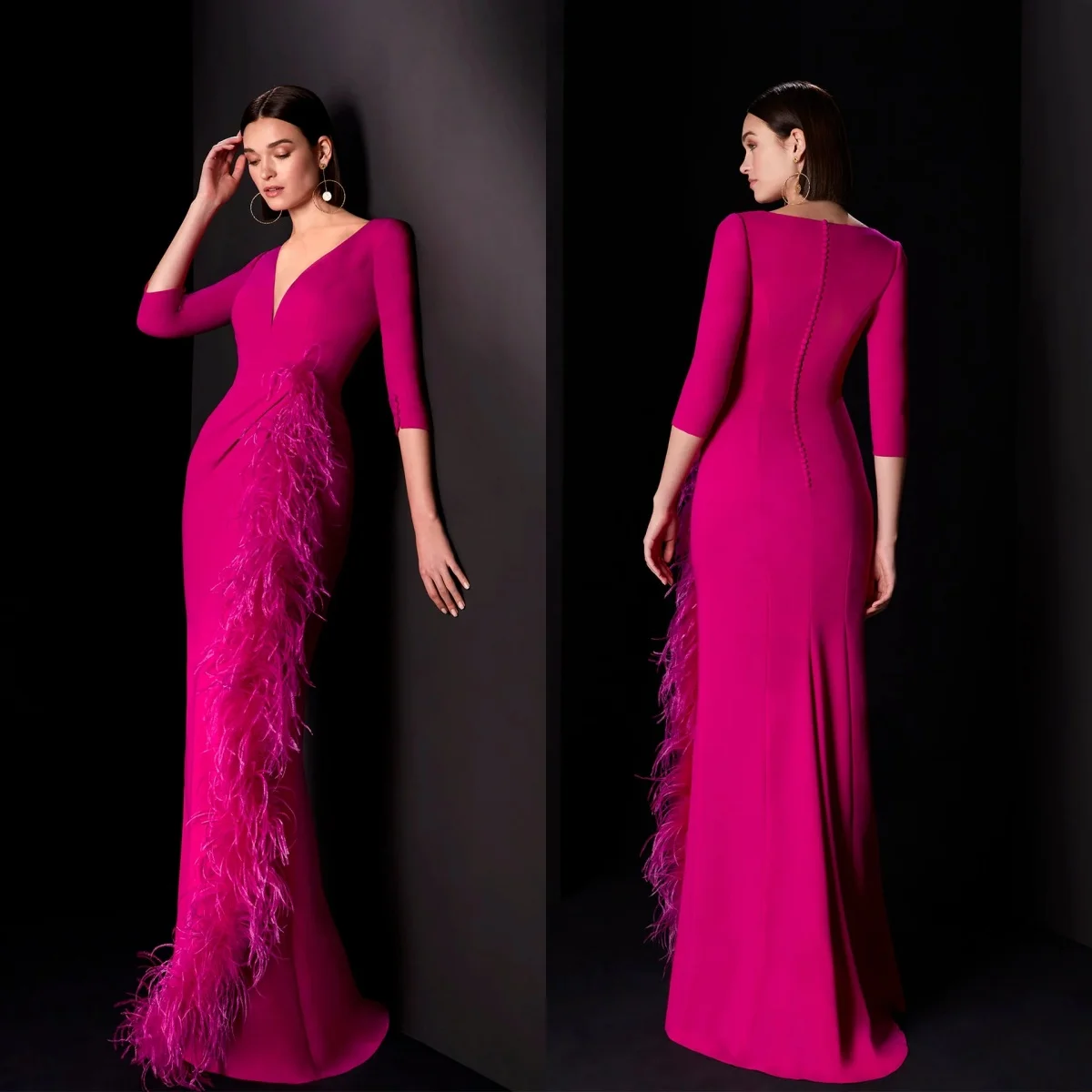 

Fuchsia Satin Mermaid Evening Dresses Luxury Feathers 3/4 Sleeves Women Prom Gowns Floor Length Customized Mother of Bride Gowns