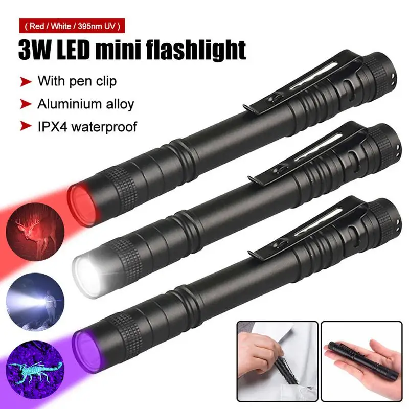 120lm LED Pocket Pen Light Outdoor Handheld Mini LED Flashlight Three Light Sources Torch with Clip for Camping Outdoor Hiking