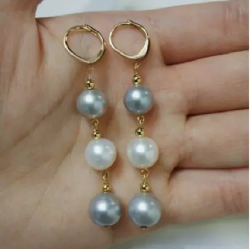 customized AAA genuine 9-10mm Natural South Sea White Gray Pearl Earrings 14k Gold